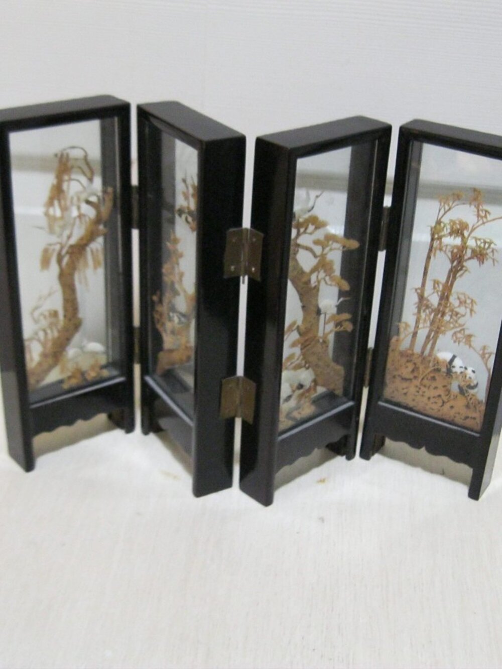 Chinese Cork Diorama Folding Table Screen With Pandas And Birds